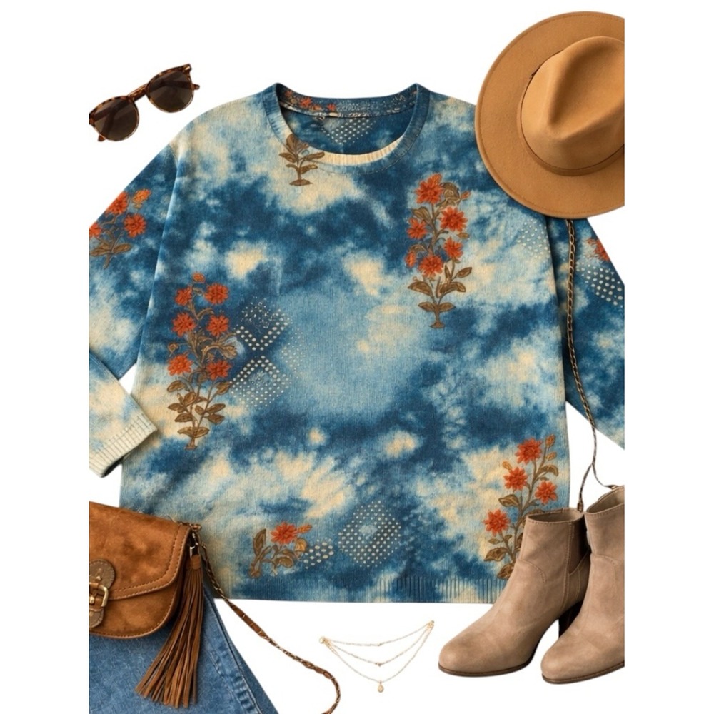 Yesno Soft Boho Oversized Sweater Tie Dye Floral Embroidered Womens Large in EUC